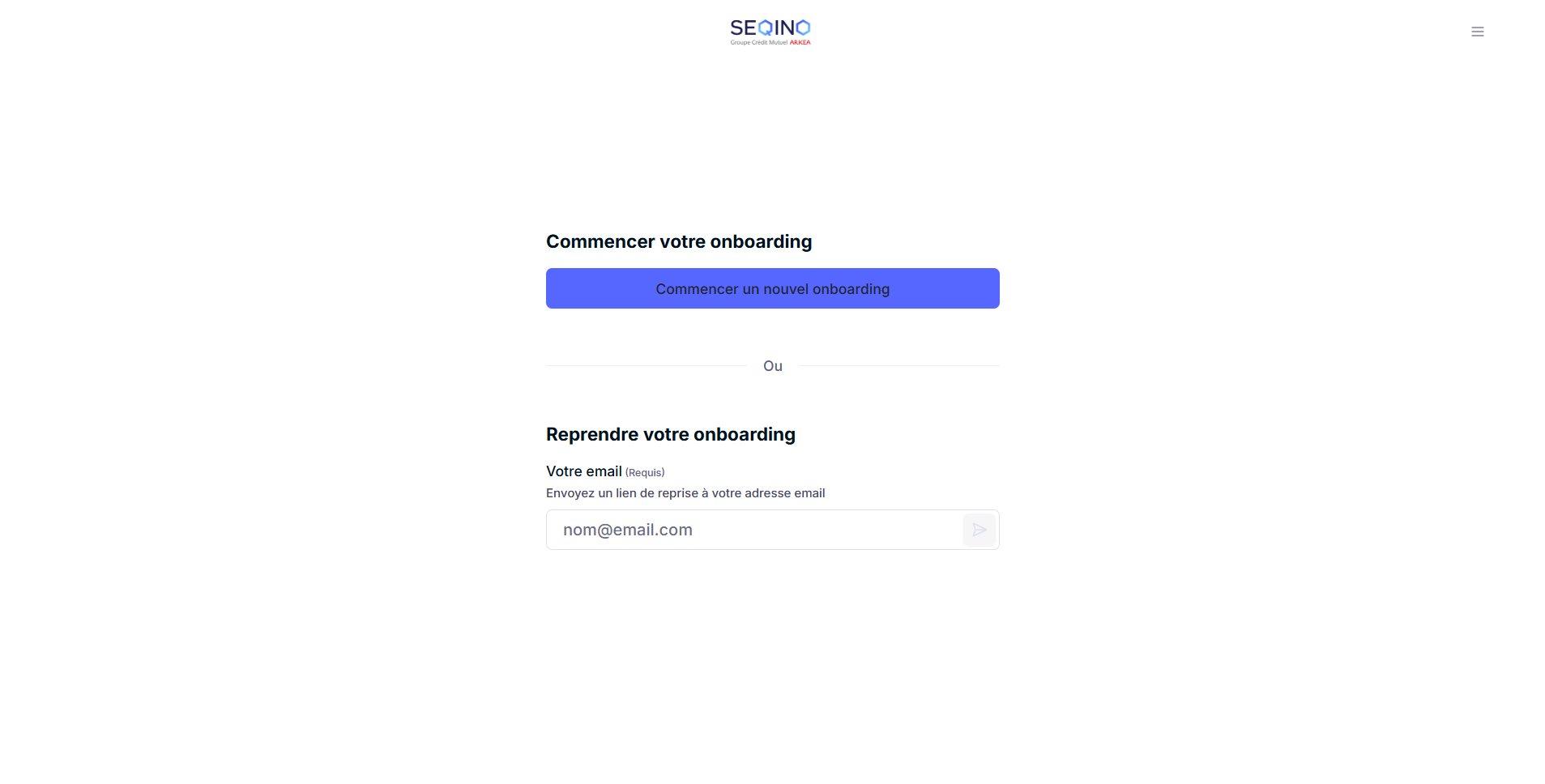 Screenshot: Seqino home screen with the "Start a new onboarding" button and the "Resume your onboarding" email field
