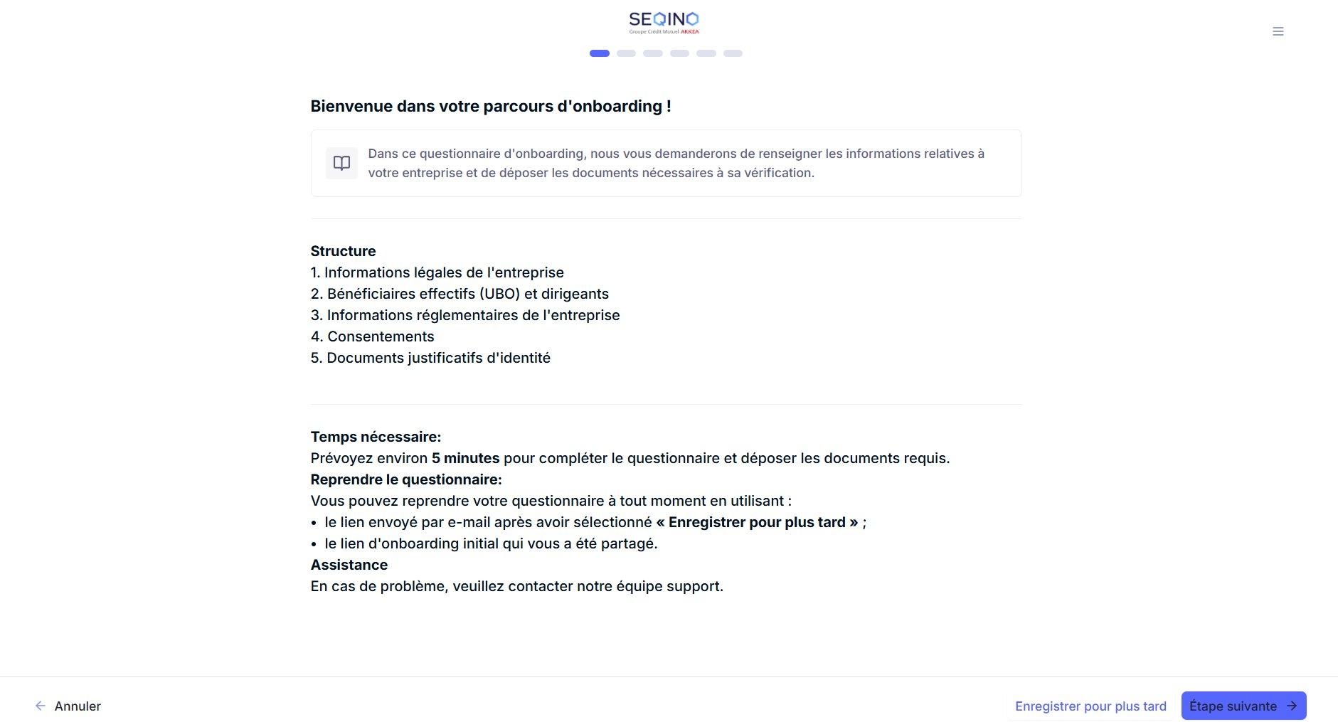 Screenshot: welcome screen detailing the 5-section structure, the time required (~5 minutes), and how to resume.
