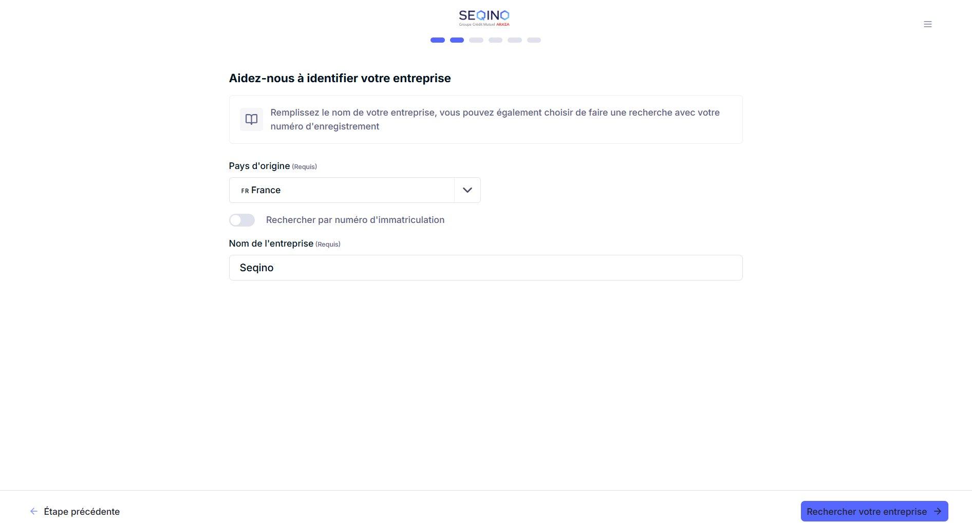 Screenshot: identification form (country of origin, company name).