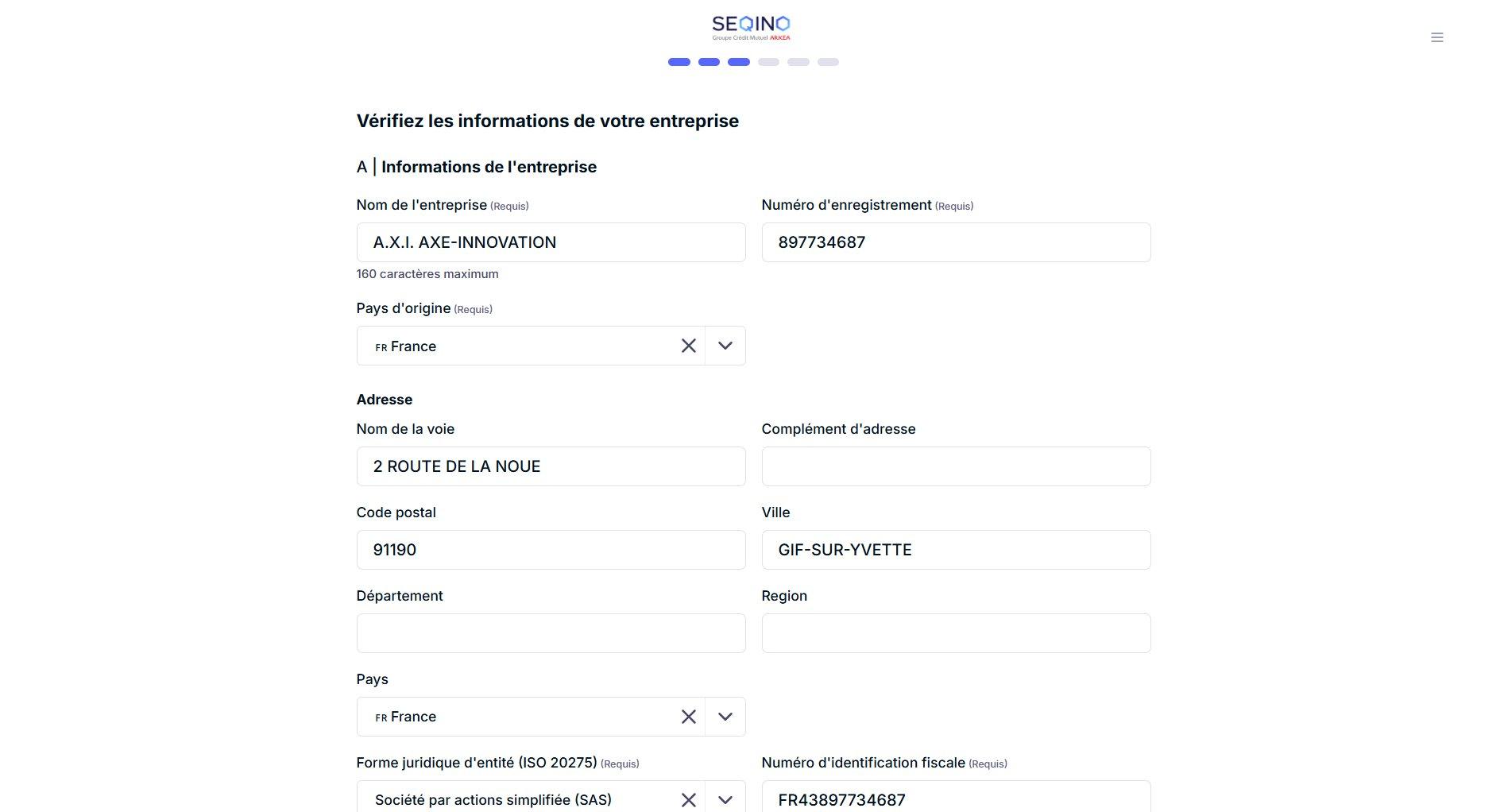 Screenshot: company information verification form with pre-filled fields.