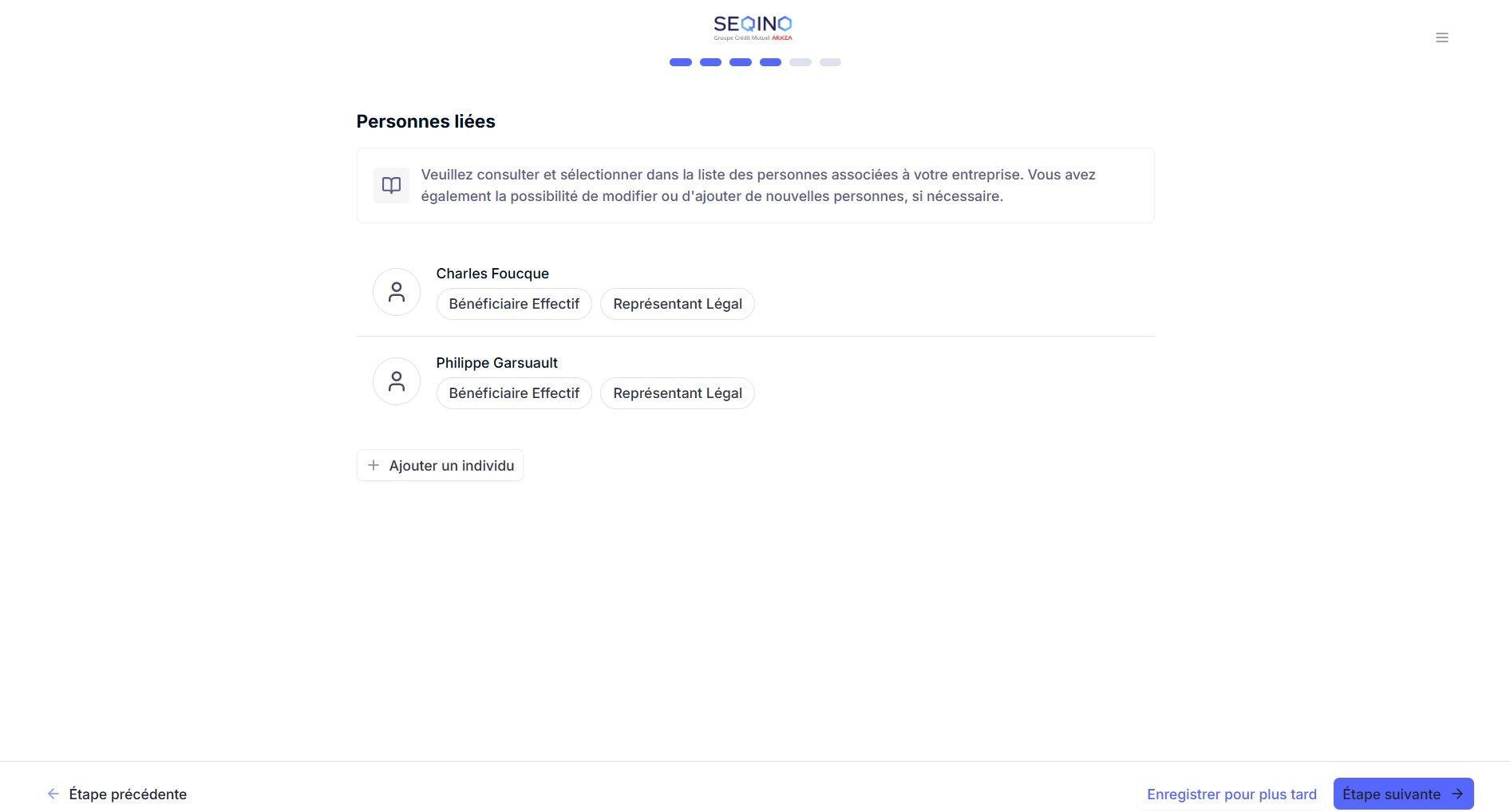 Screenshot: "Related persons" list with roles (Beneficial Owner / Legal Representative) and an "Add an individual" button.