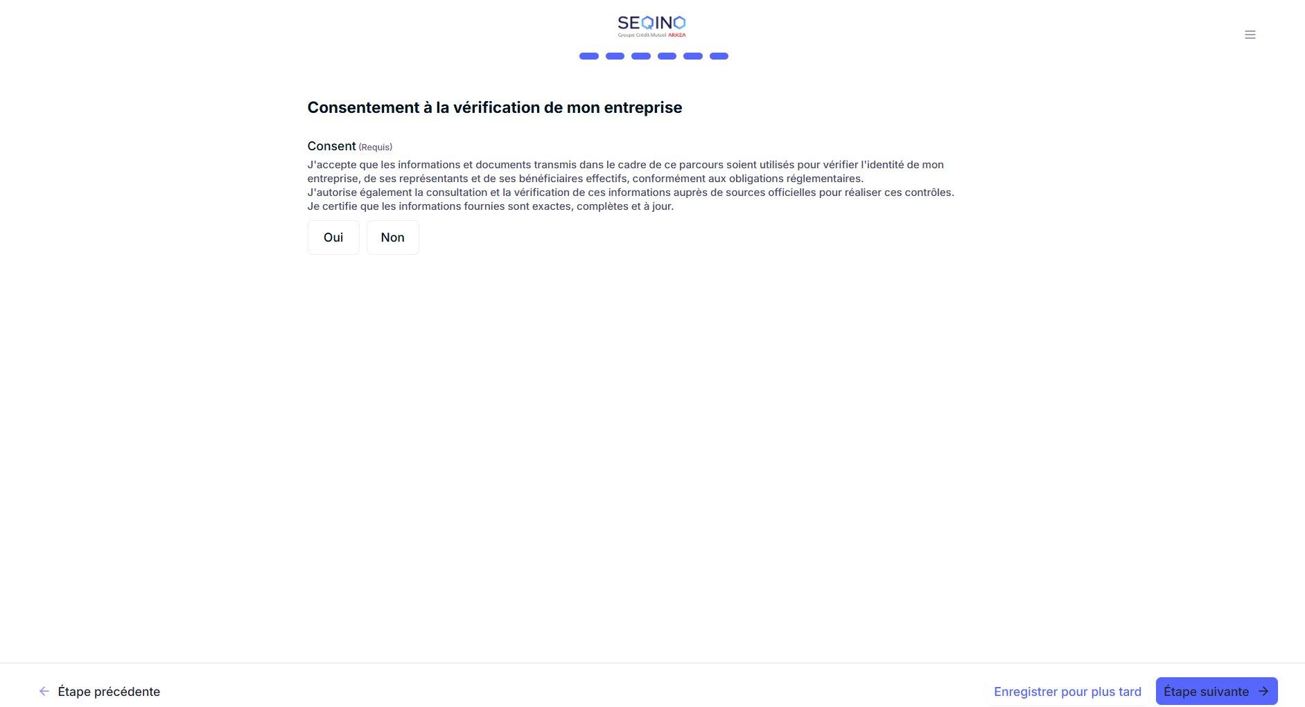Screenshot: consent screen for company verification with "Yes" / "No" choices.
