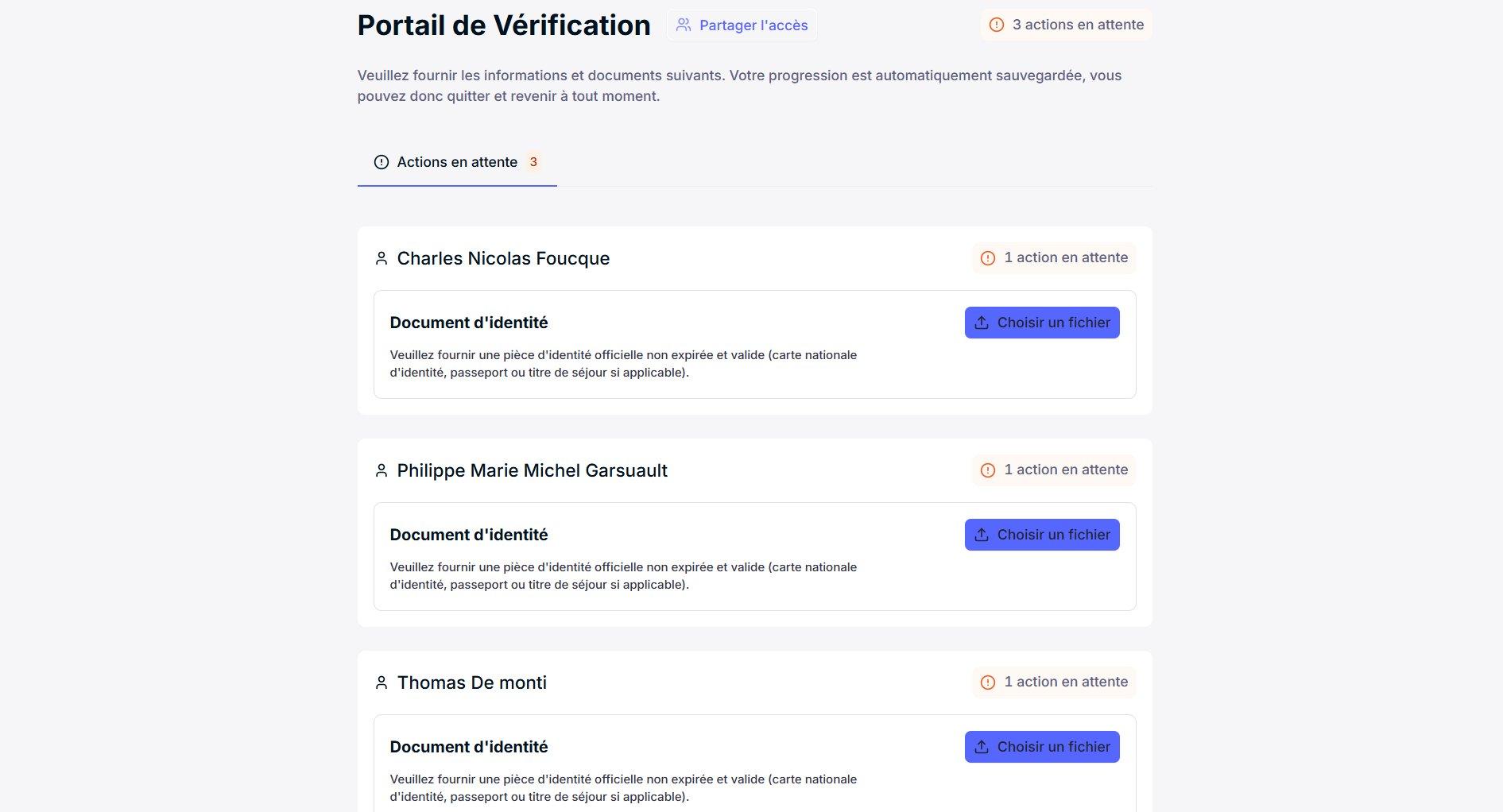 Screenshot: Verification Portal listing the individuals (Charles Nicolas Foucque, Philippe Marie Michel Garsuault, Thomas De monti) with 1 pending action each.