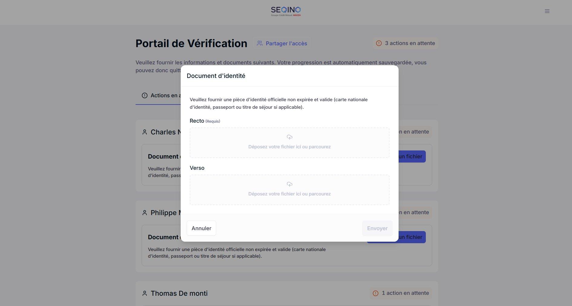 Screenshot: "Identity document" upload window with Front (required) and Back fields.