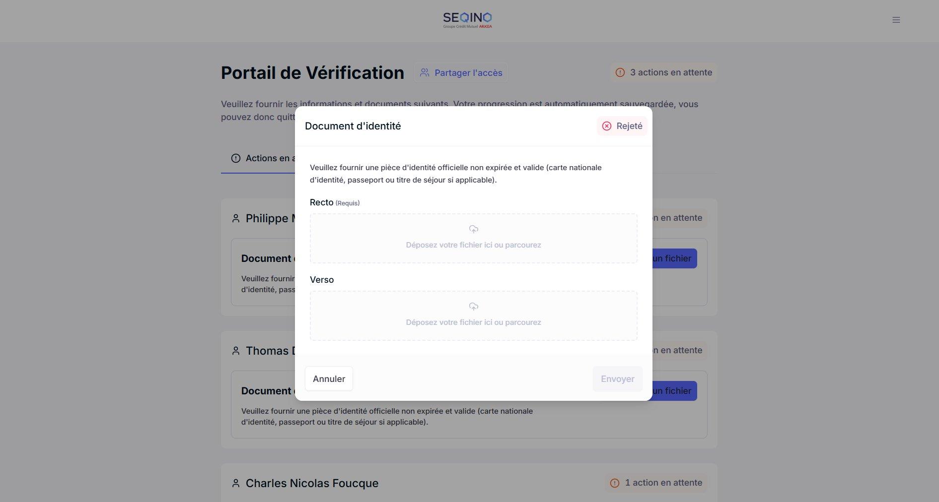 Screenshot: upload window with "Rejected" status.